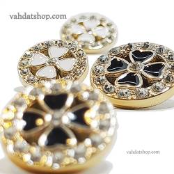 دکمه 2 سایز پایه دار طلایی طرح گل سفید مشکی